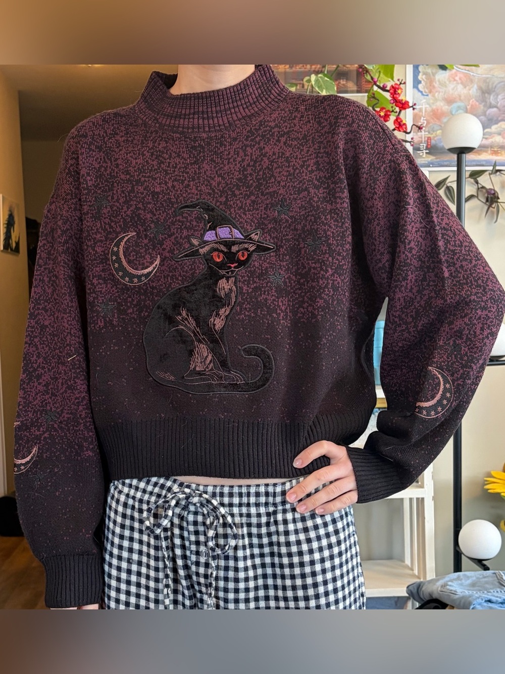Women's Black & Plum Cowl Neck Witch Cat Sweater